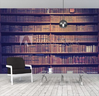 Picture of Vintage toned old books on wooden shelves wisdom concept background